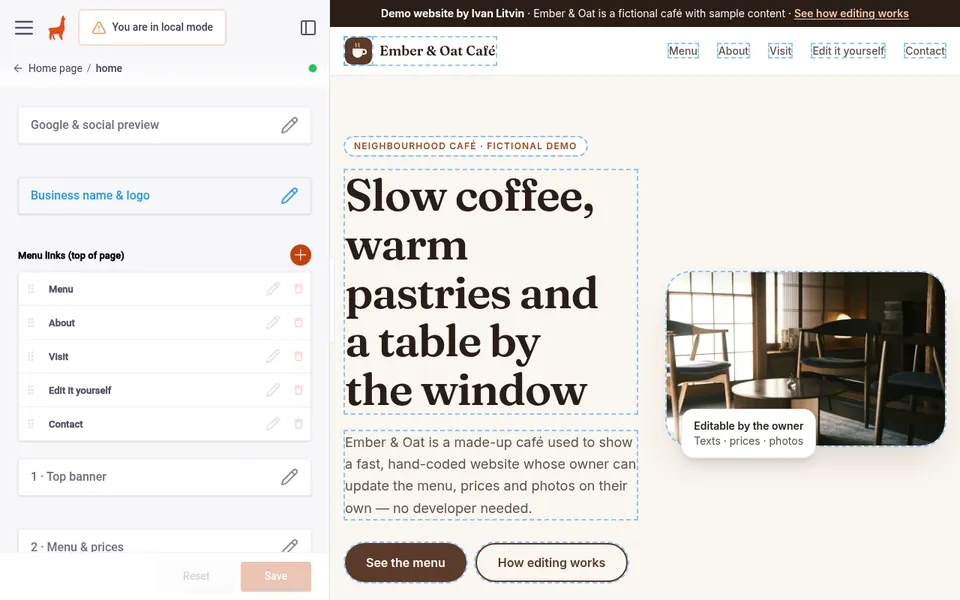 Screen recording of the editor: the Flat white price is changed from $4.20 to $4.60, the page preview updates instantly, and the change is saved.