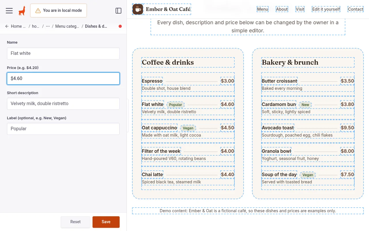 Editor with the Flat white price field changed to $4.60 and the preview already showing $4.60