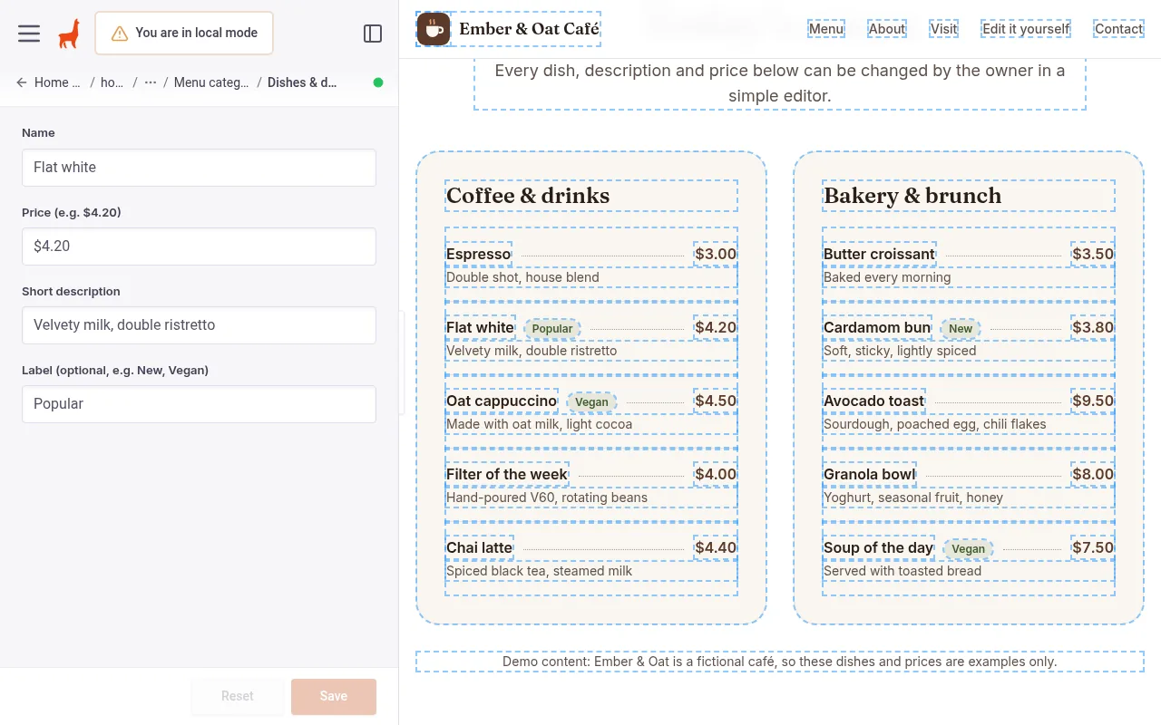 TinaCMS editor with the list of menu items on the left and the live café page on the right