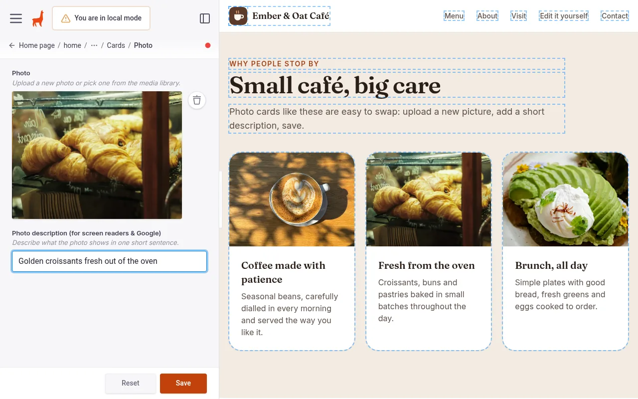 Editor photo field with a newly uploaded croissant photo, shown in the page preview