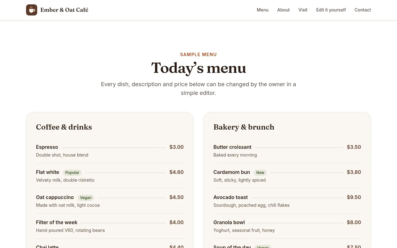 The café website menu after saving, showing the new Flat white price of $4.60