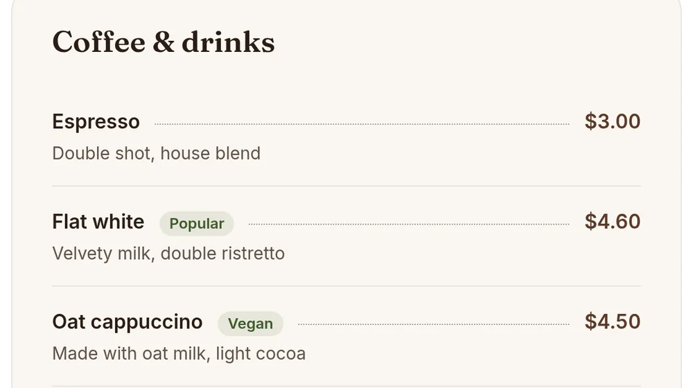Menu section after the edit, showing Flat white at $4.60